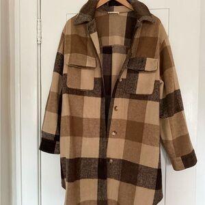 Altar’d State Women's Plaid Utility Shacket Jacket in Brown & Cream